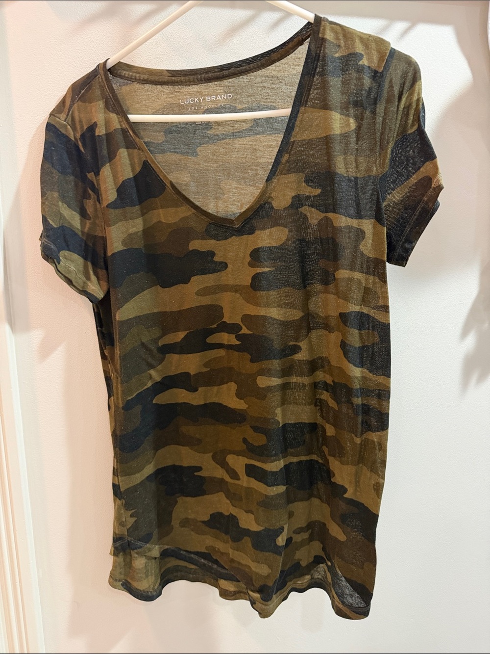 Lucky Brand Women's Camouflage Short Sleeve V-Neck Tee - Olive & Black